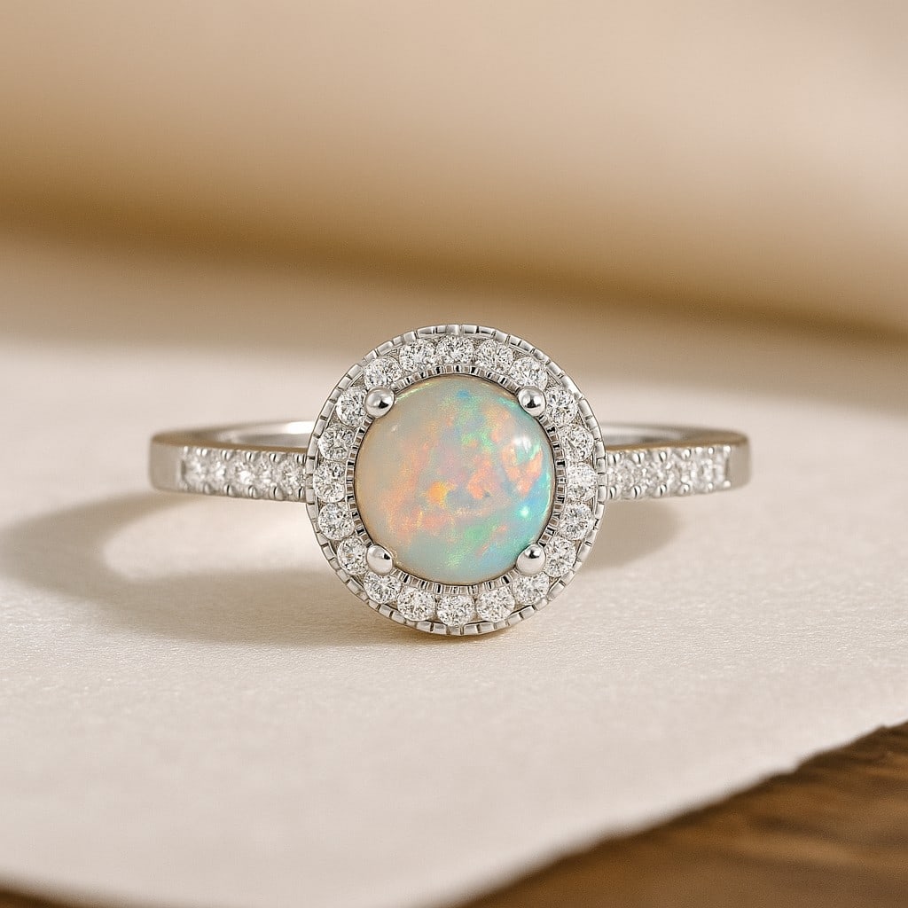Natural Opal Gemstone & Lab Grown Diamonds Silver Ring: Natural Opal Gemstone & Lab Grown Diamonds Silver Ring Jewelry Type : Ring Gemstone : Natural Opal Gemstone Shape : Round Gemstone Size : 7 MM Gemstone Quantity : 1 Piece Diamond Type : L
