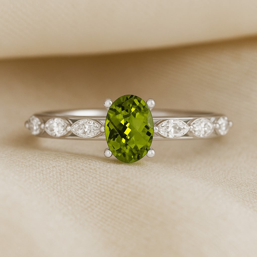 Natural Peridot Gemstone & Lab Grown Diamonds Silver Ring: Natural Peridot Gemstone & Lab Grown Diamonds Silver Ring Jewelry Type : Ring Gemstone : Natural Peridot Gemstone Shape : Oval Gemstone Size : 7x5 MM Gemstone Quantity : 1 Piece Diamond Type