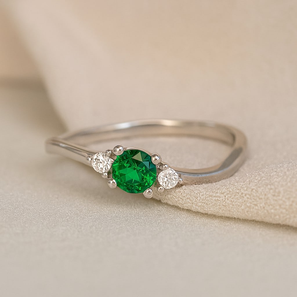 Lab Grown Emerald & Diamonds Silver Ring: Lab Grown Emerald & Diamonds Silver Ring Jewelry Type : Ring Gemstone : Lab Grown Emerald Gemstone Shape : Round Gemstone Size : 4 MM Gemstone Quantity : 1 Piece Diamond Type : Lab Grown<