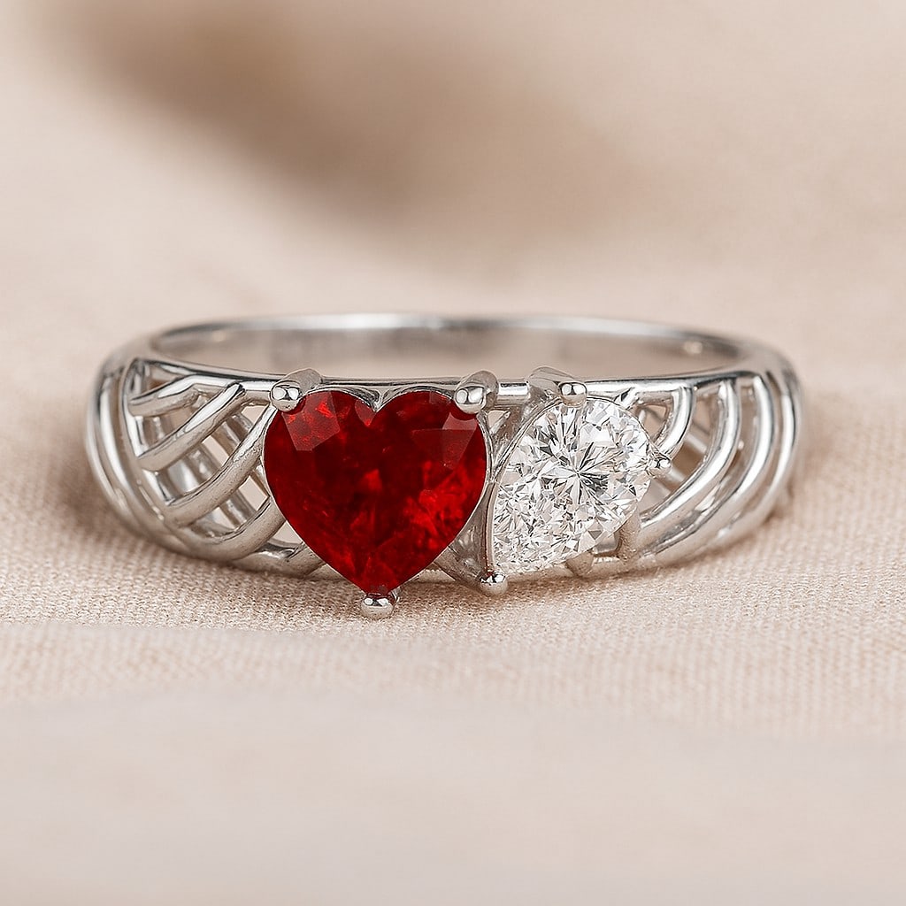 Natural Ruby Gemstone & Lab Grown Diamonds Silver Ring: Natural Ruby Gemstone & Lab Grown Diamonds Silver Ring Jewelry Type : Ring Gemstone : Natural Ruby Gemstone Shape : Heart Gemstone Size : 6 MM Gemstone Quantity : 1 Piece Diamond Type : L