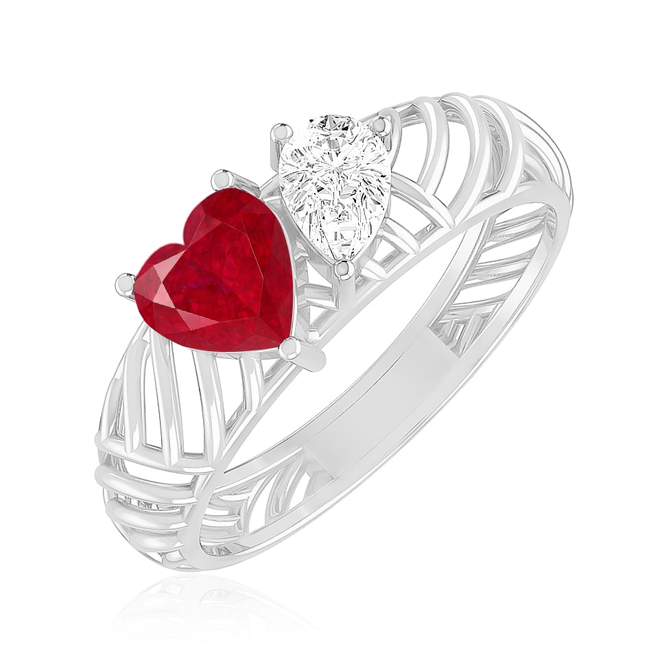 Natural Ruby Gemstone & Lab Grown Diamonds Silver Ring - 2
