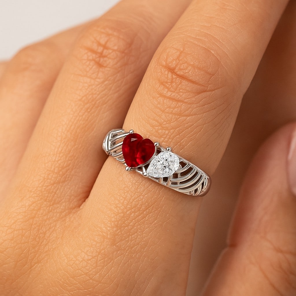 Natural Ruby Gemstone & Lab Grown Diamonds Silver Ring - 3