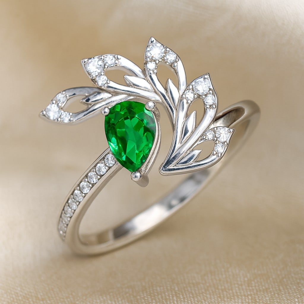 Lab Grown Emerald & Diamonds Silver Ring: Lab Grown Emerald & Diamonds Silver Ring Jewelry Type : Ring Gemstone : Lab Grown Emerald Gemstone Shape : Pear Gemstone Size : 6x4 MM Gemstone Quantity : 1 Piece Diamond Type : Lab Grown