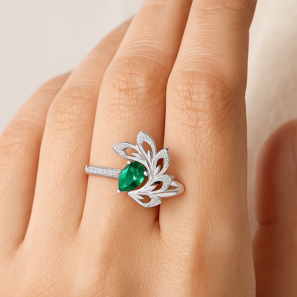 Lab Grown Emerald & Diamonds Silver Ring - 3