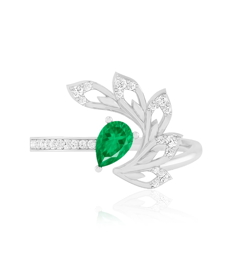 Lab Grown Emerald & Diamonds Silver Ring - 4
