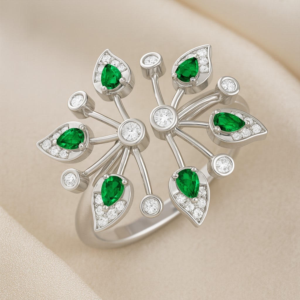 Lab Grown Emerald & Diamonds Silver Ring: Lab Grown Emerald & Diamonds Silver Ring Jewelry Type : Ring Gemstone : Lab Grown Emerald Gemstone Shape : Pear Gemstone Size : 3x2 MM Gemstone Quantity : 6 Pieces Diamond Type : Lab Grow