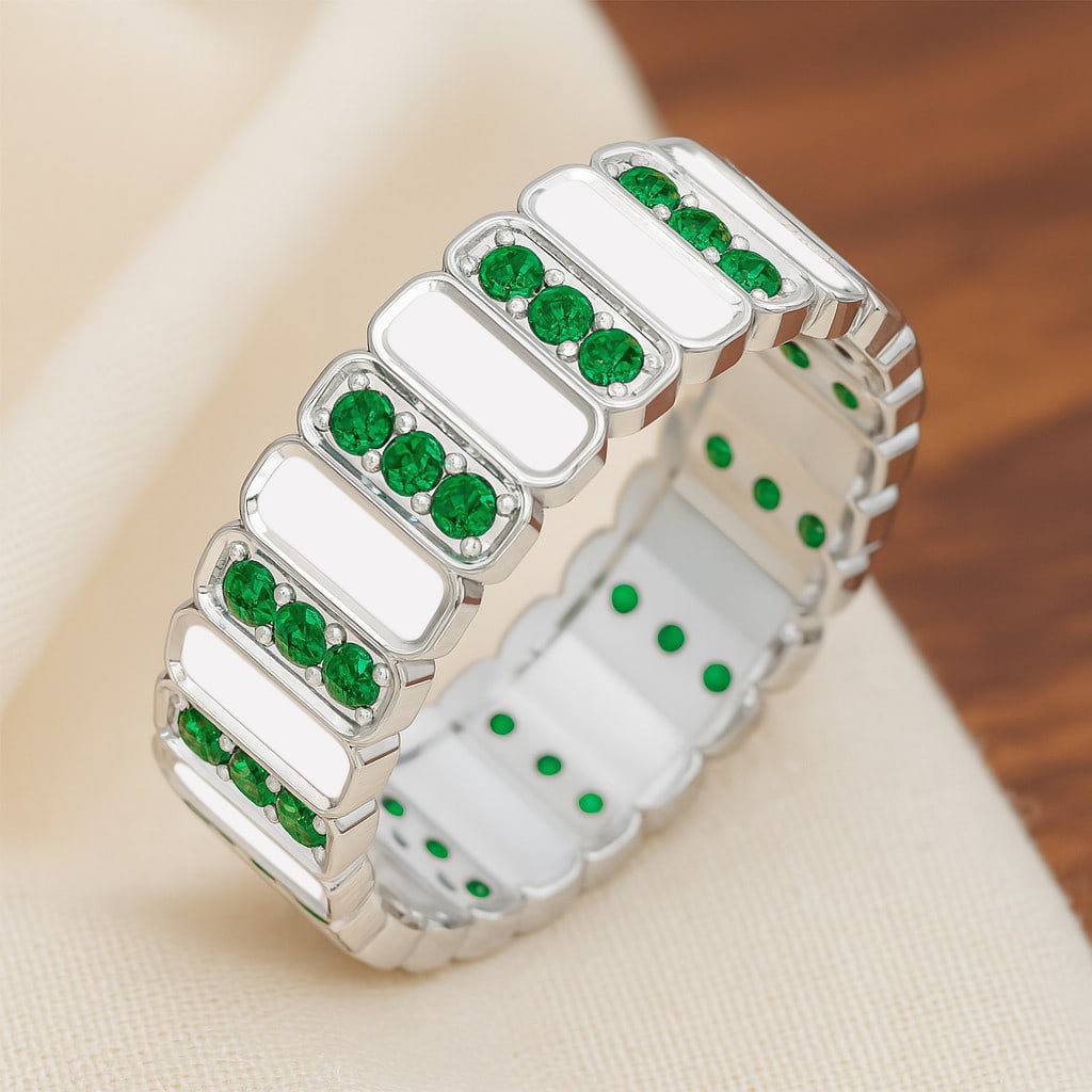Lab Grown Emerald & Diamonds Silver Ring: Lab Grown Emerald & Diamonds Silver Ring Jewelry Type : Ring Gemstone : Lab Grown Emerald Gemstone Shape : Round Gemstone Size : 1.5 MM Gemstone Quantity : 36 Pieces Metal : Silver
