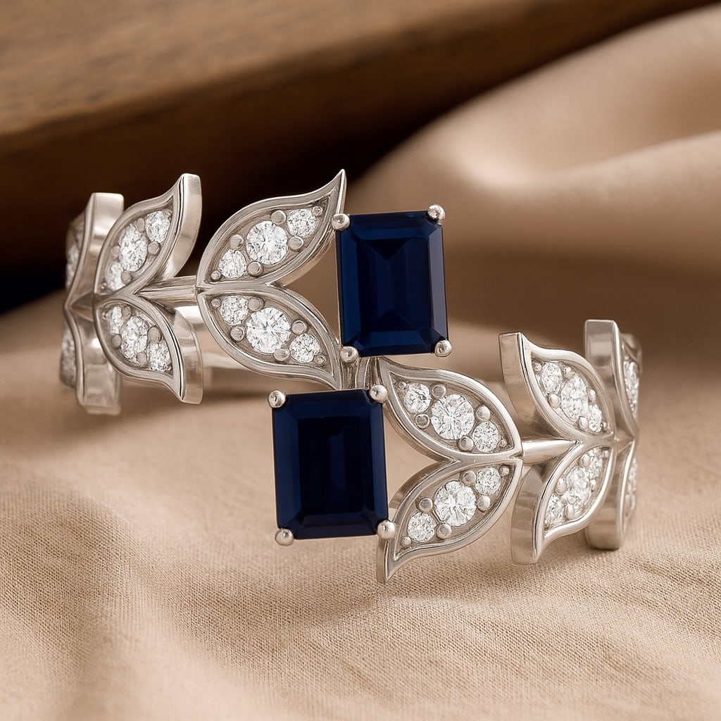 Natural Blue Sapphire Gemstone & Lab Grown Diamonds Silver Ring: Natural Blue Sapphire Gemstone & Lab Grown Diamonds Silver Ring Jewelry Type : Ring Gemstone : Natural Blue Sapphire Gemstone Shape : Emerald Gemstone Size : 5x4 MM Gemstone Quantity : 2 Pieces