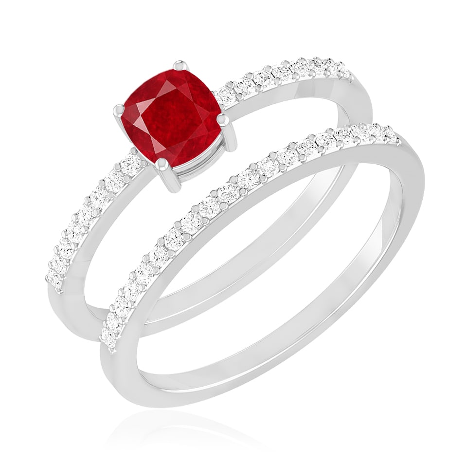 Natural Ruby Gemstone & Lab Grown Diamonds Silver Ring - 2