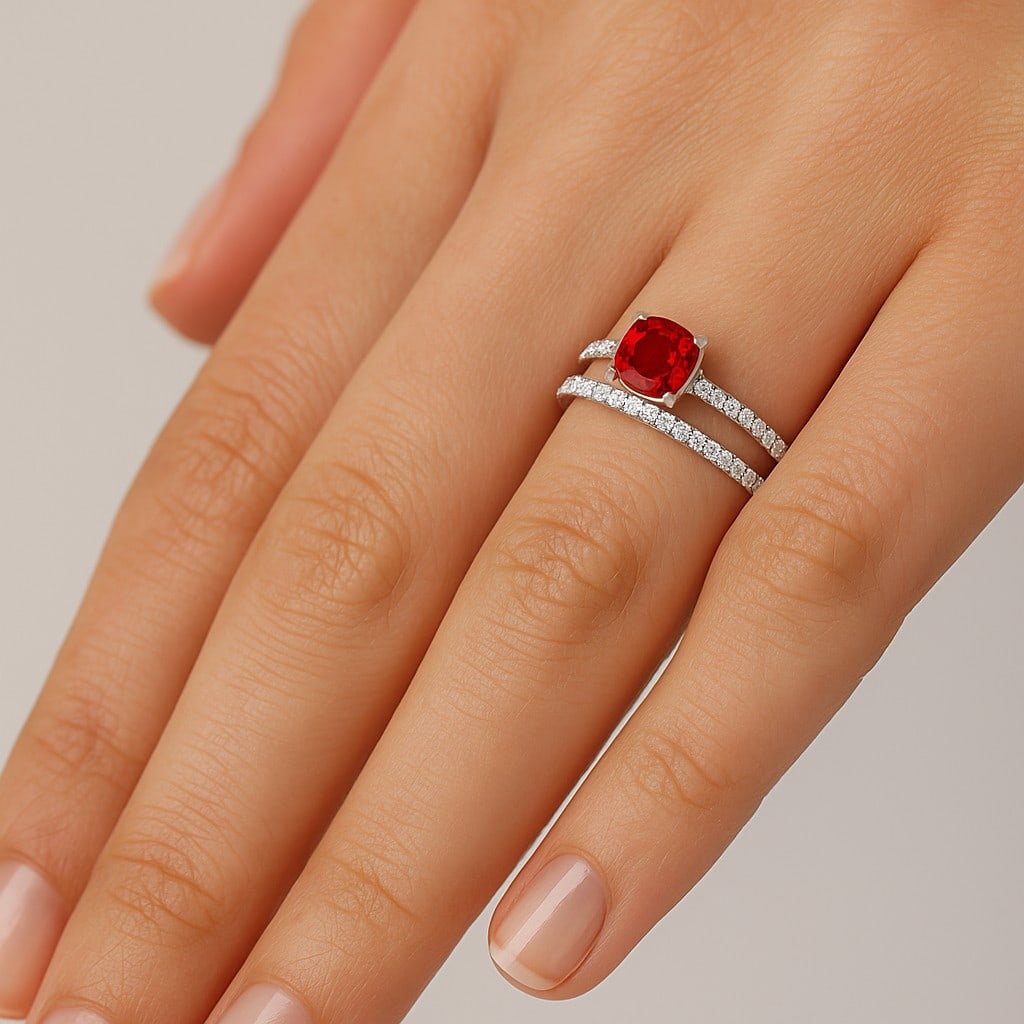 Natural Ruby Gemstone & Lab Grown Diamonds Silver Ring - 3