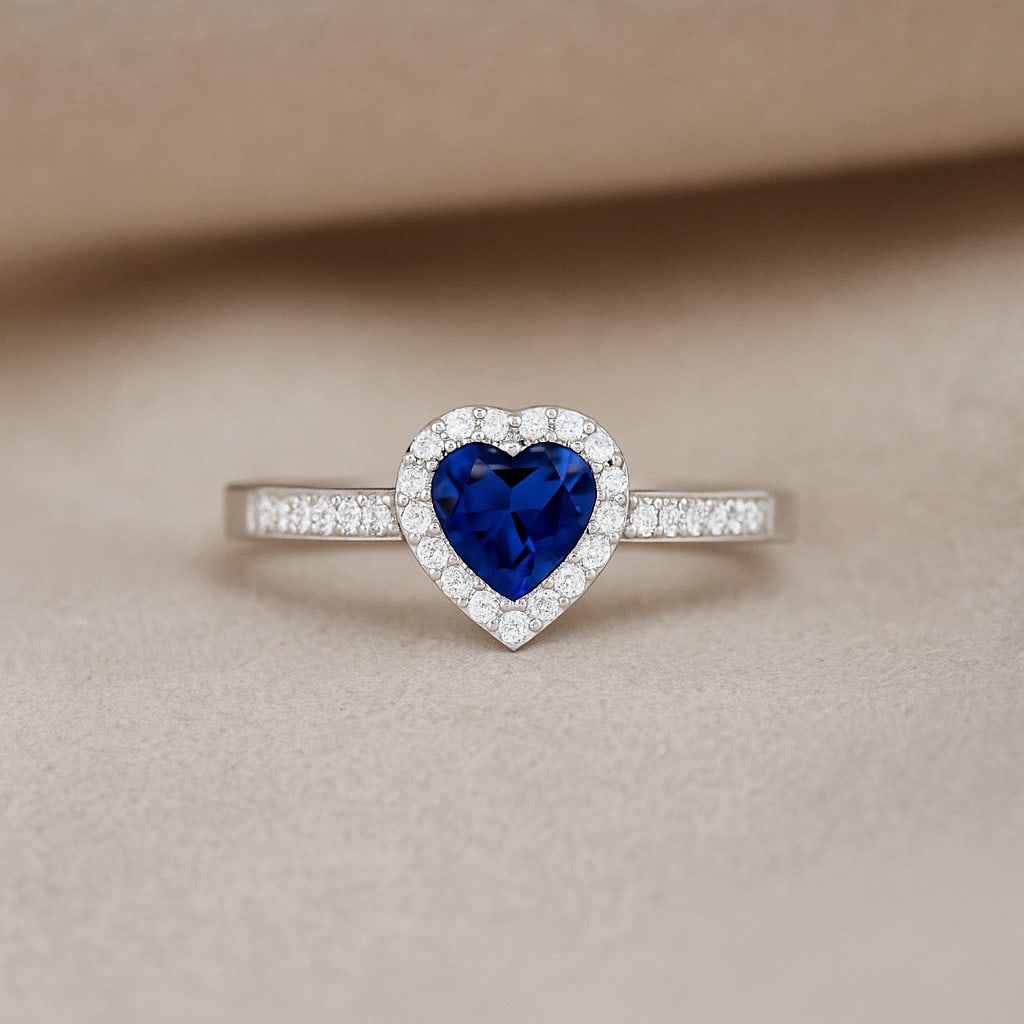 Natural Blue Sapphire Gemstone & Lab Grown Diamonds Silver Ring: Natural Blue Sapphire Gemstone & Lab Grown Diamonds Silver Ring Jewelry Type : Ring Gemstone : Natural Blue Sapphire Gemstone Shape : Heart Gemstone Size : 6 MM Gemstone Quantity : 1 Piece D