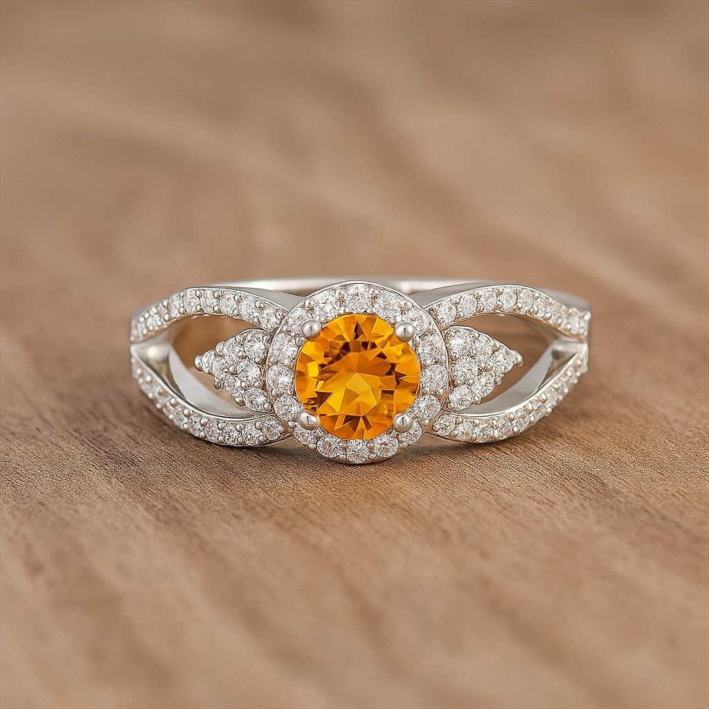 Natural Citrine Gemstone & Lab Grown Diamonds Silver Ring: Natural Citrine Gemstone & Lab Grown Diamonds Silver Ring Jewelry Type : Ring Gemstone : Natural Citrine Gemstone Shape : Round Gemstone Size : 5MM Gemstone Quantity : 1 Piece Diamond Type :