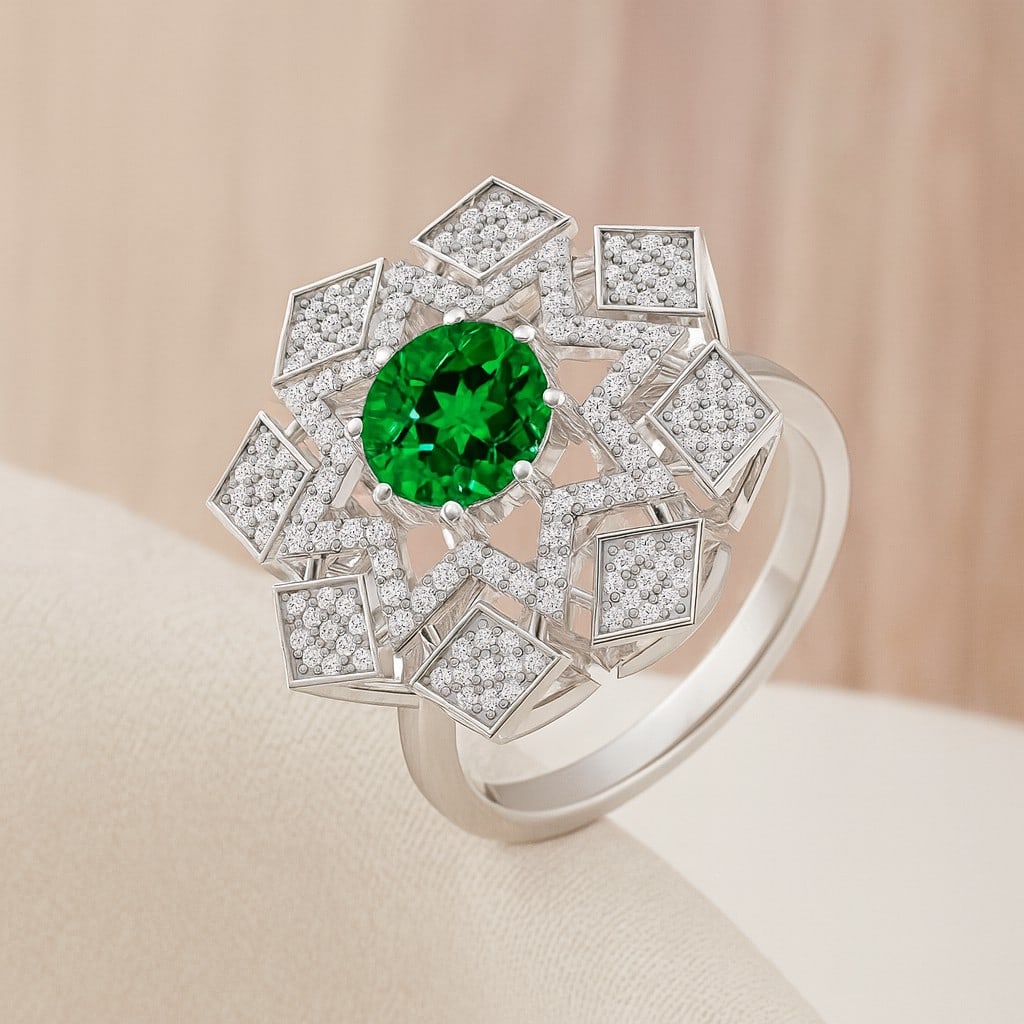 Lab Grown Emerald & Diamonds Silver Ring: Lab Grown Emerald & Diamonds Silver Ring Jewelry Type : Ring Gemstone : Lab Grown Emerald Gemstone Shape : Round Gemstone Size : 7 MM Gemstone Quantity : 1 Piece Diamond Type : Lab Grown<