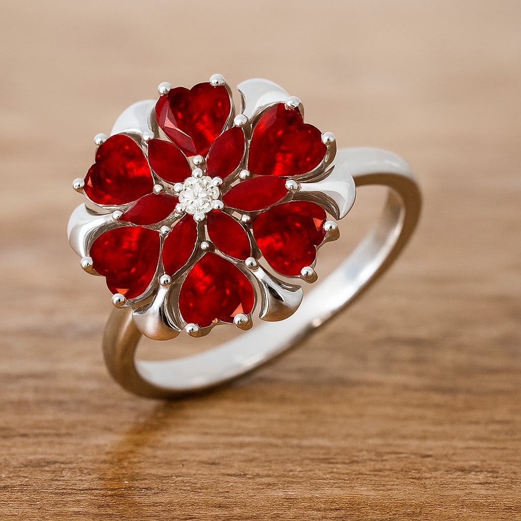 Natural Ruby Gemstone & Lab Grown Diamonds Silver Ring: Natural Ruby Gemstone & Lab Grown Diamonds Silver Ring Jewelry Type : Ring Gemstone : Natural Ruby Gemstone Shape : Heart, Marquise Gemstone Size : 4 MM, 4x2 MM Gemstone Quantity : 12 Pieces
