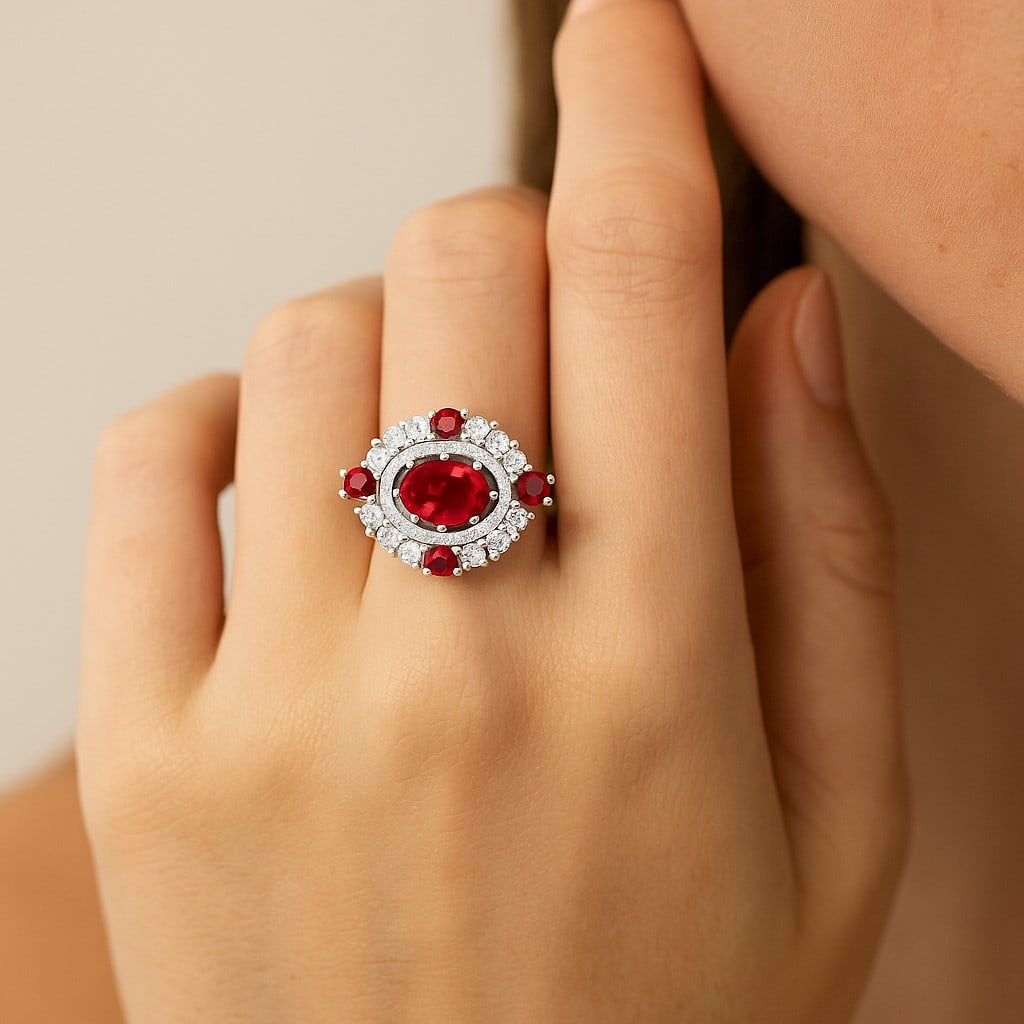 Natural Ruby Gemstone & Lab Grown Diamonds Silver Ring - 3