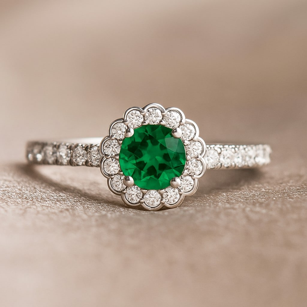 Lab Grown Emerald & Diamonds Silver Ring: Lab Grown Emerald & Diamonds Silver Ring Jewelry Type : Ring Gemstone : Lab Grown Emerald Gemstone Shape : Round Gemstone Size : 5x5 MM Gemstone Quantity : 1 Piece Diamond Type : Lab Grow