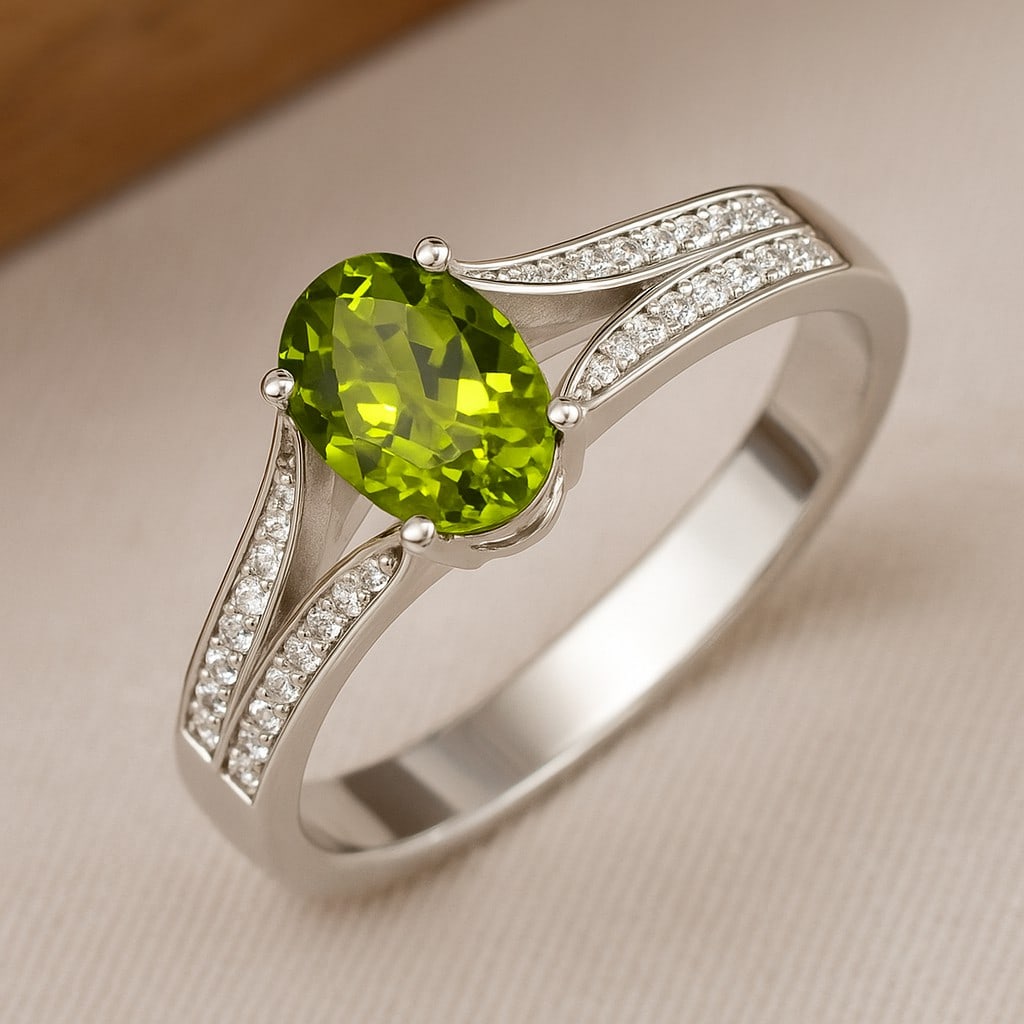 Natural Peridot Gemstone & Lab Grown Diamonds Silver Ring: Natural Peridot Gemstone & Lab Grown Diamonds Silver Ring Jewelry Type : Ring Gemstone : Natural Peridot Gemstone Shape : Oval Gemstone Size : 7x5 MM Gemstone Quantity : 1 Piece Diamond Type