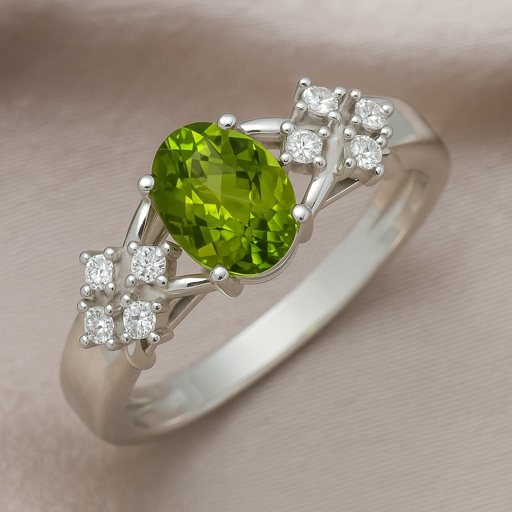 Natural Peridot Gemstone & Lab Grown Diamonds Silver Ring: Natural Peridot Gemstone & Lab Grown Diamonds Silver Ring Jewelry Type : Ring Gemstone : Natural Peridot Gemstone Shape : Oval Gemstone Size : 8x6 MM Gemstone Quantity : 1 Piece Diamond Type