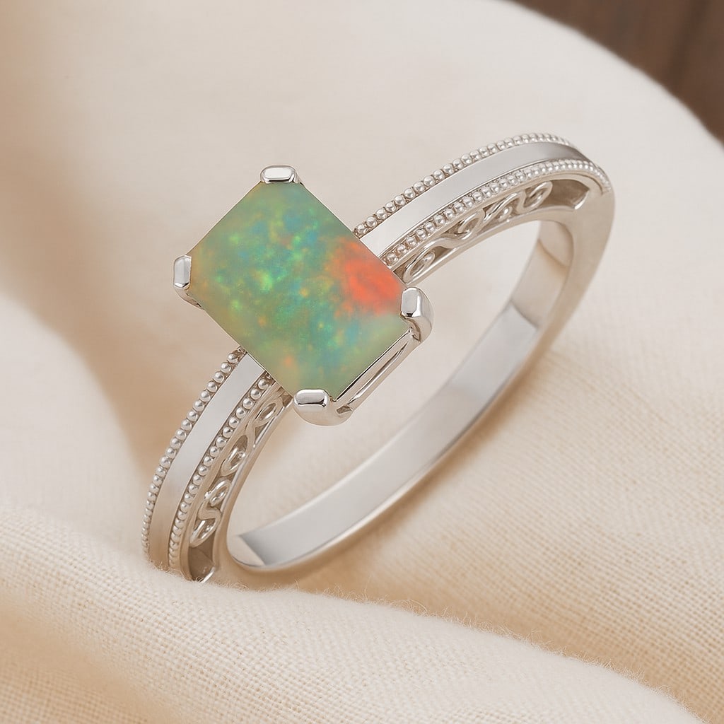 Natural Opal Gemstone 92.5 Sterling Silver Ring: Natural Opal Gemstone 92.5 Sterling Silver Ring Jewelry Type : Ring Gemstone : Natural Opal Gemstone Shape : Emerald Gemstone Size : 8x6 MM Gemstone Quantity : 1 Piece Metal : Silver<