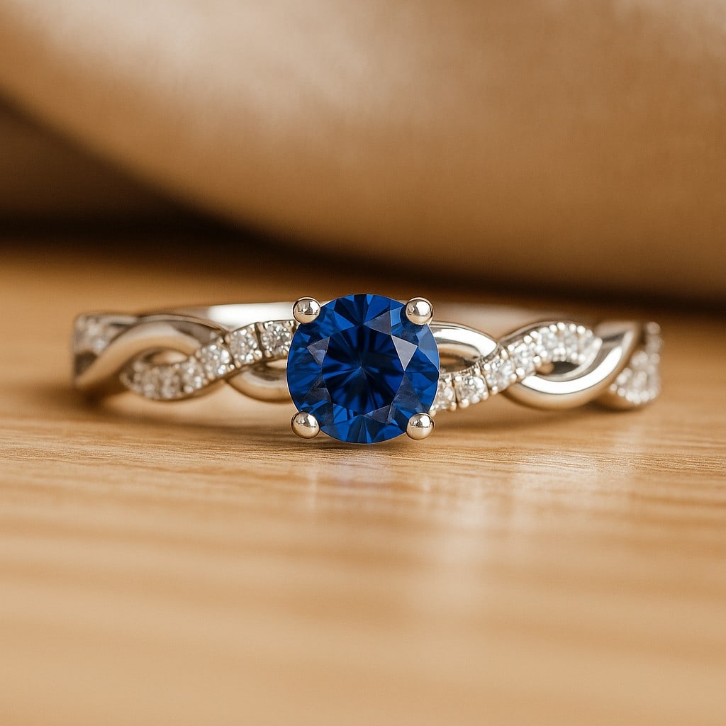 Natural Blue Sapphire Gemstone & Lab Grown Diamonds Silver Ring: Natural Blue Sapphire Gemstone & Lab Grown Diamonds Silver Ring Jewelry Type : Ring Gemstone : Natural Blue Sapphire Gemstone Shape : Round Gemstone Size : 5 MM Gemstone Quantity : 1 Piece D