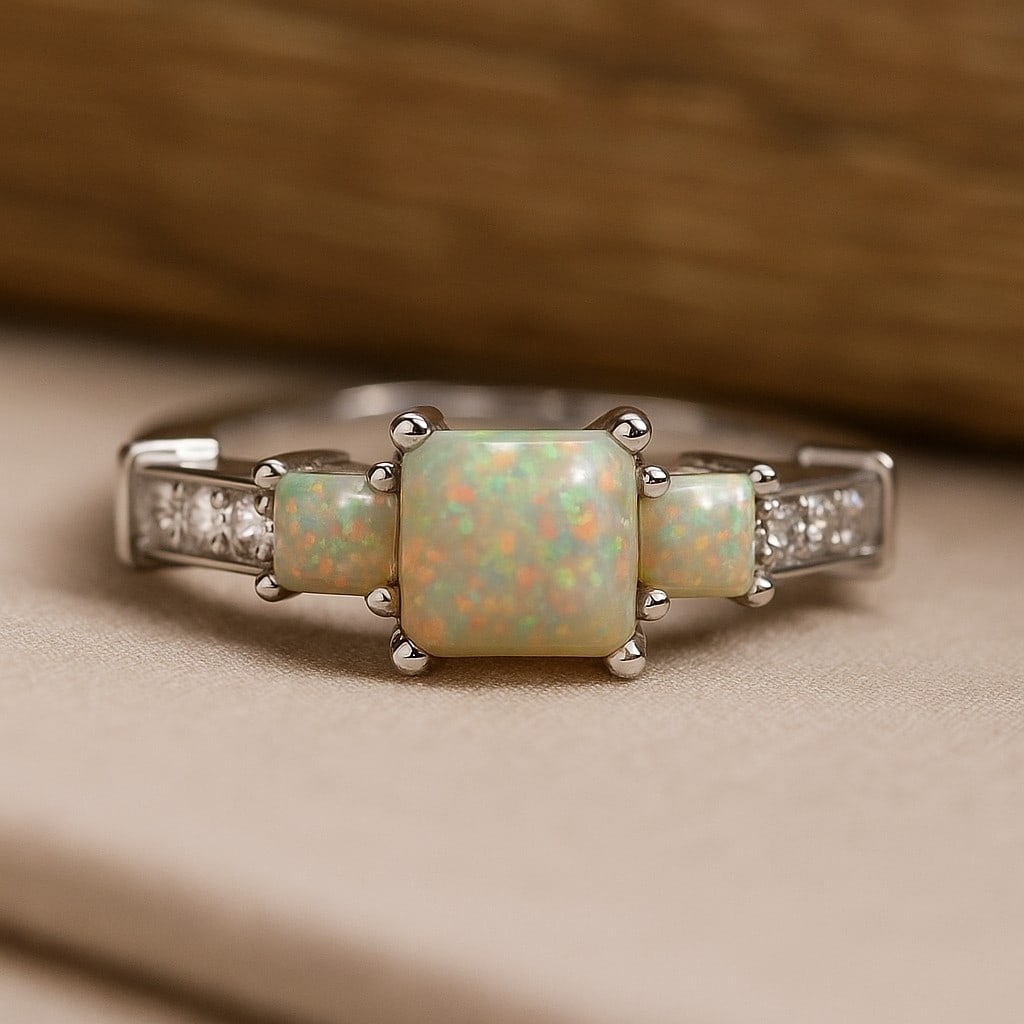 Natural Opal Gemstone & Lab Grown Diamonds Silver Ring: Natural Opal Gemstone & Lab Grown Diamonds Silver Ring Jewelry Type : Ring Gemstone : Natural Opal Gemstone Shape : Princess Gemstone Size : 5 MM, 3MM Gemstone Quantity : 1 Piece, 2 Pieces D