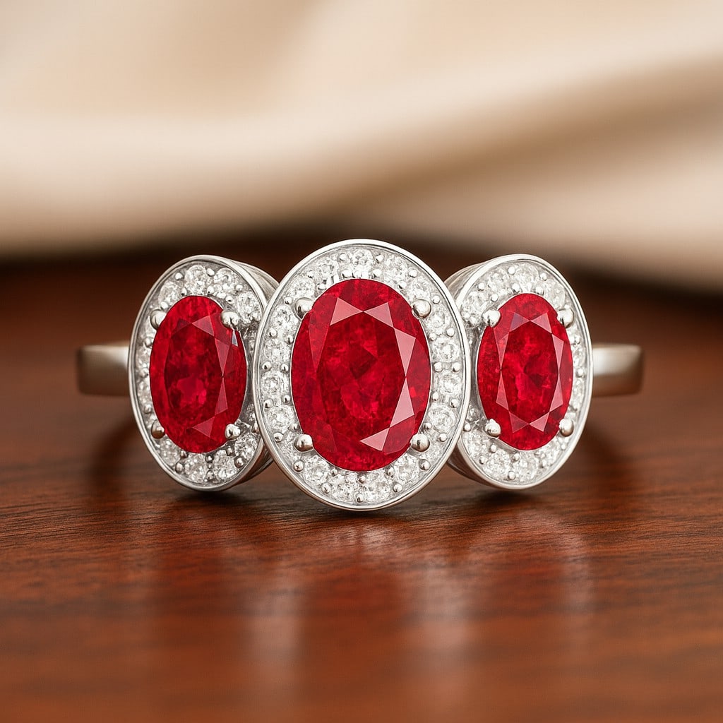 Natural Ruby Gemstone & Lab Grown Diamonds Silver Ring: Natural Ruby Gemstone & Lab Grown Diamonds Silver Ring Jewelry Type : Ring Gemstone : Natural Ruby Gemstone Shape : Oval Gemstone Size : 7x5 MM, 6x4 MM Gemstone Quantity : 1 Piece, 2 Pieces