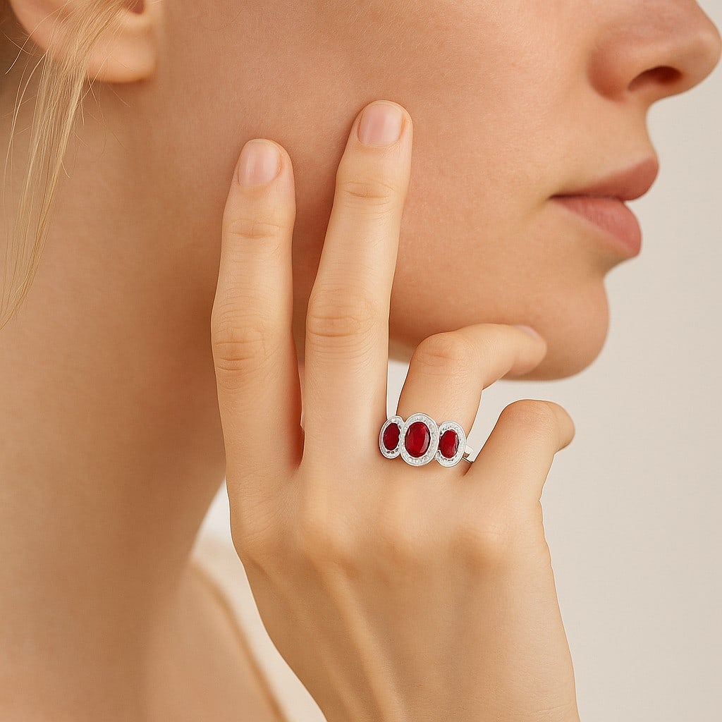 Natural Ruby Gemstone & Lab Grown Diamonds Silver Ring - 3