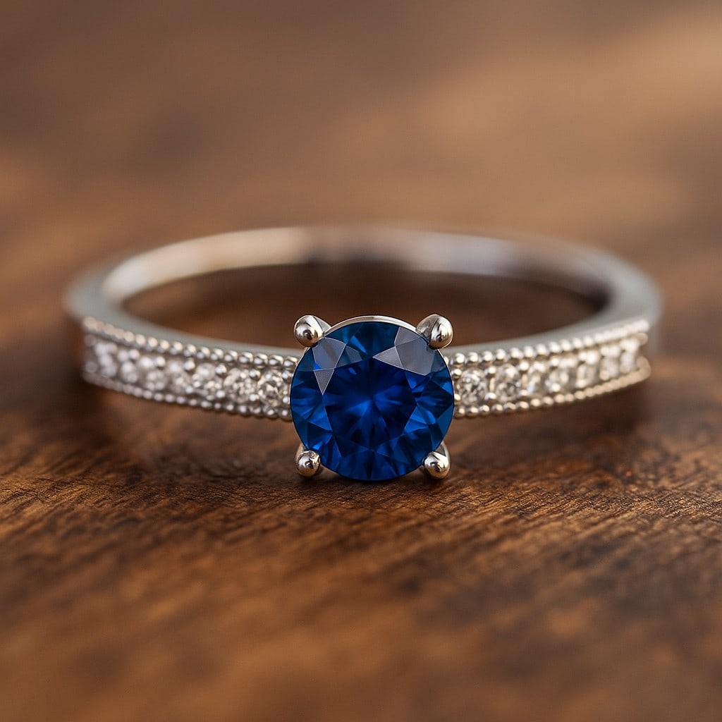 Natural Blue Sapphire Gemstone & Lab Grown Diamonds Silver Ring: Natural Blue Sapphire Gemstone & Lab Grown Diamonds Silver Ring Jewelry Type : Ring Gemstone : Natural Blue Sapphire Gemstone Shape : Round Gemstone Size : 5 MM Gemstone Quantity : 1 Piece D