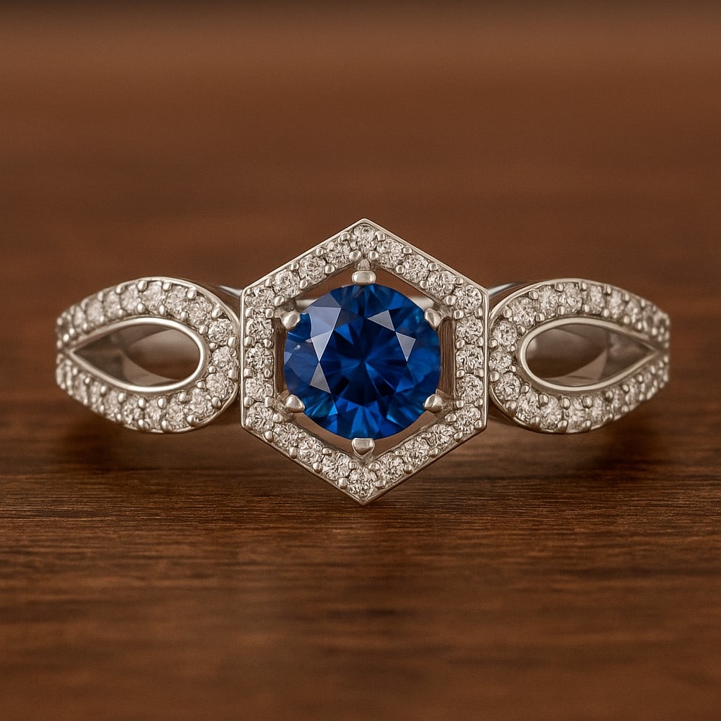 Natural Blue Sapphire Gemstone & Lab Grown Diamonds Silver Ring: Natural Blue Sapphire Gemstone & Lab Grown Diamonds Silver Ring Jewelry Type : Ring Gemstone : Natural Blue Sapphire Gemstone Shape : Round Gemstone Size : 5 MM Gemstone Quantity : 1 Piece D