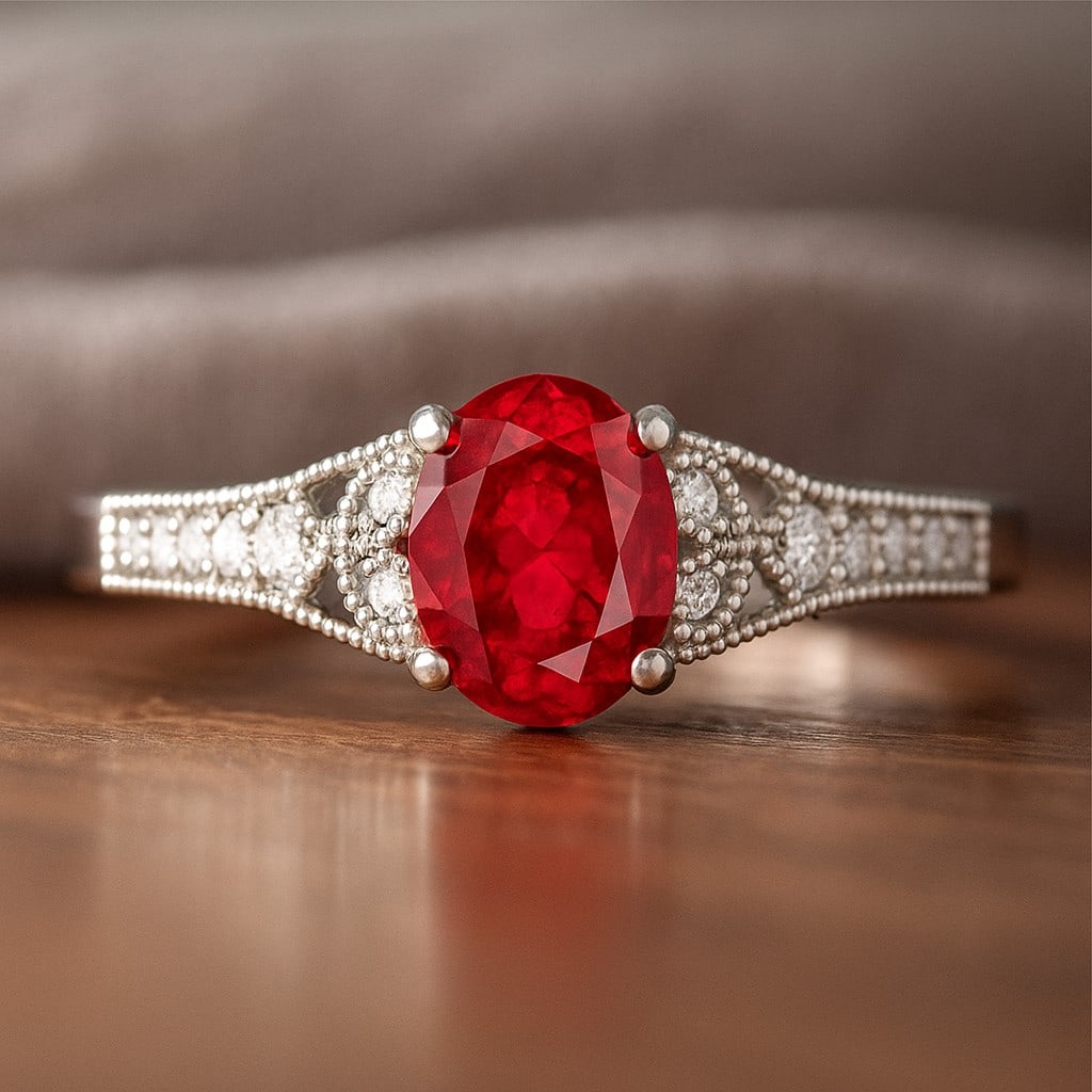 Natural Ruby Gemstone & Lab Grown Diamonds Silver Ring: Natural Ruby Gemstone & Lab Grown Diamonds Silver Ring Jewelry Type : Ring Gemstone : Natural Ruby Gemstone Shape : Oval Gemstone Size : 7x5 MM Gemstone Quantity : 1 Piece Diamond Type :