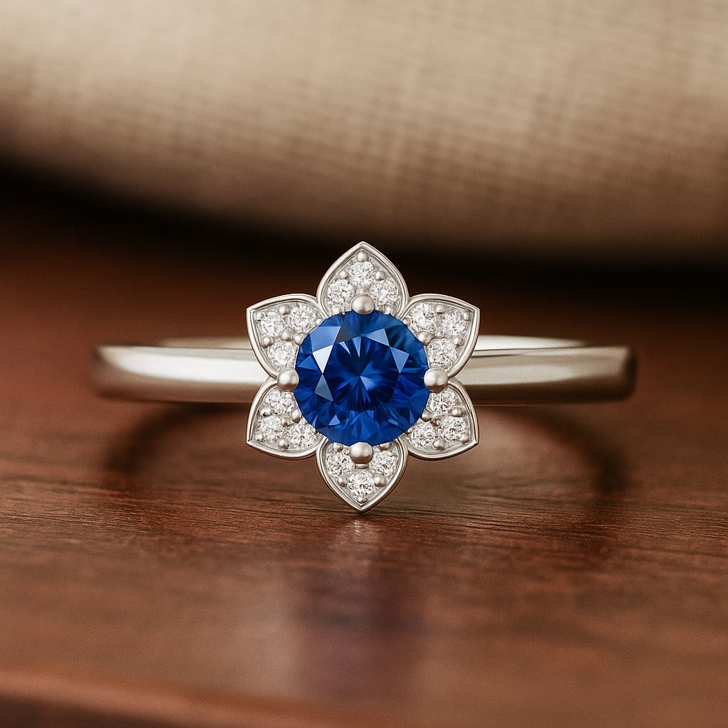 Natural Blue Sapphire Gemstone & Lab Grown Diamonds Silver Ring: Natural Blue Sapphire Gemstone & Lab Grown Diamonds Silver Ring Jewelry Type : Ring Gemstone : Natural Blue Sapphire Gemstone Shape : Round Gemstone Size : 5 MM Gemstone Quantity : 1 Piece D