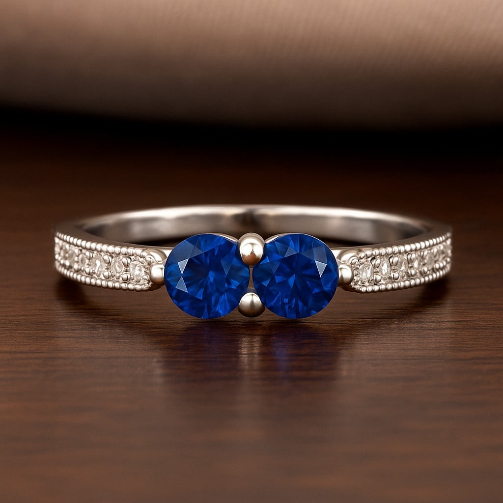 Natural Blue Sapphire Gemstone & Lab Grown Diamonds Silver Ring: Natural Blue Sapphire Gemstone & Lab Grown Diamonds Silver Ring Jewelry Type : Ring Gemstone : Natural Blue Sapphire Gemstone Shape : Round Gemstone Size : 4 MM Gemstone Quantity : 2 Pieces
