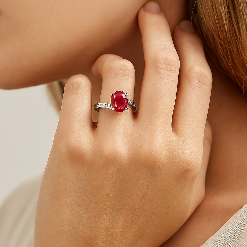 Natural Ruby Gemstone & Lab Grown Diamonds Silver Ring - 3