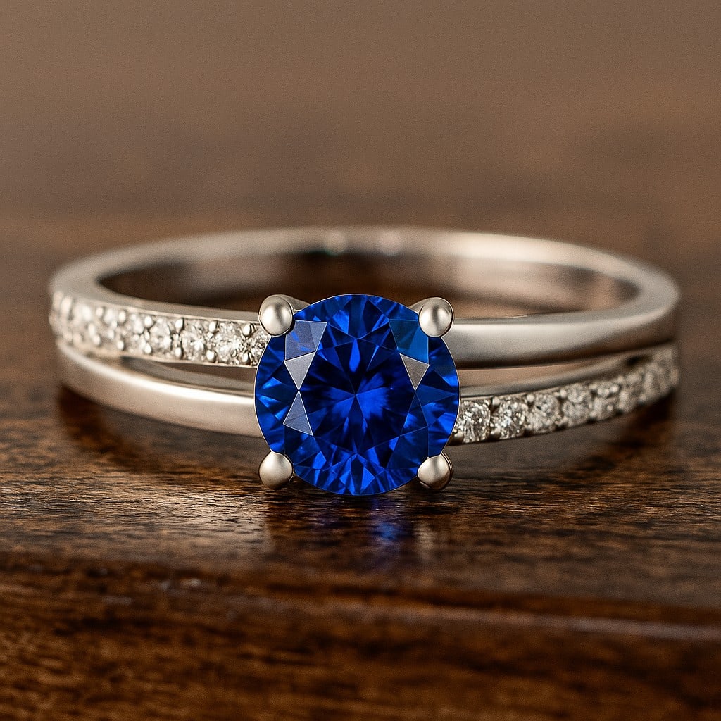 Natural Blue Sapphire Gemstone & Lab Grown Diamonds Silver Ring: Natural Blue Sapphire Gemstone & Lab Grown Diamonds Silver Ring Jewelry Type : Ring Gemstone : Natural Blue Sapphire Gemstone Shape : Round Gemstone Size : 6 MM Gemstone Quantity : 1 Piece D