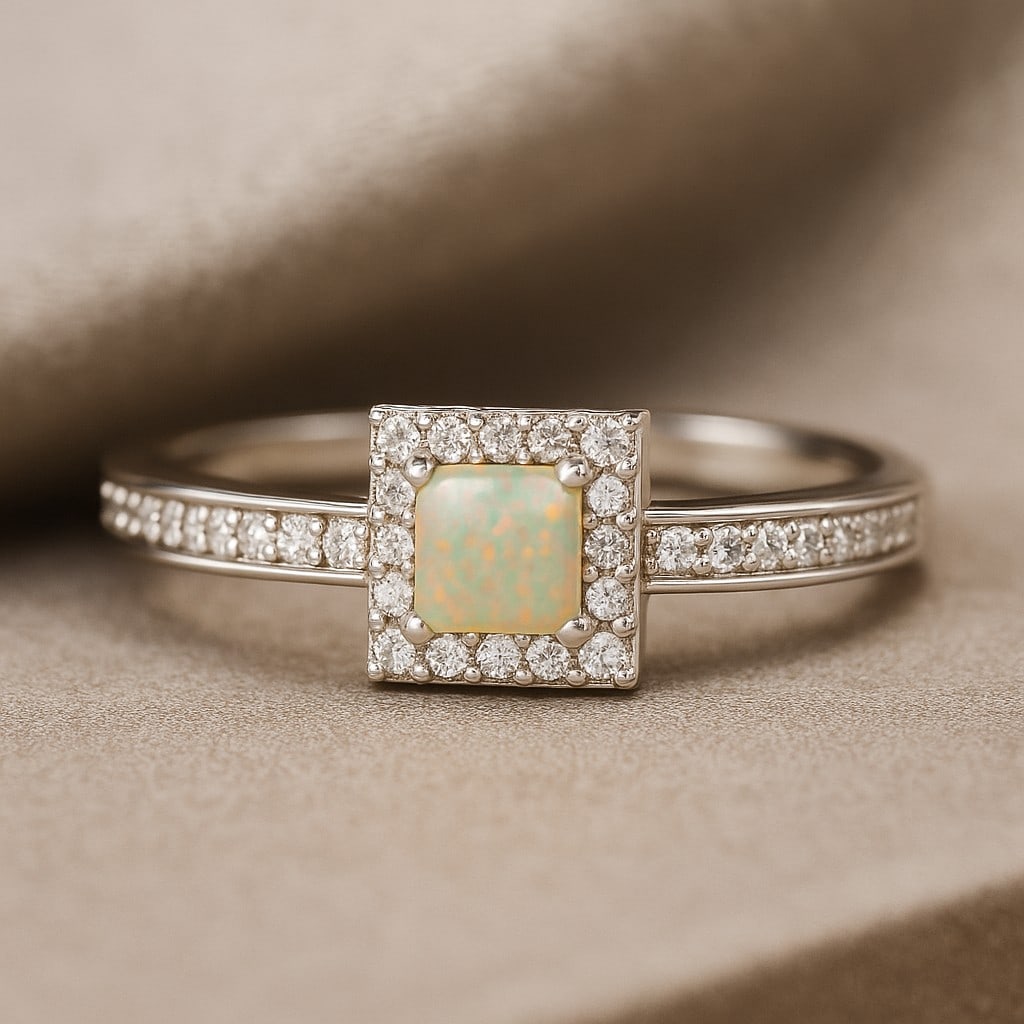 Natural Opal Gemstone & Lab Grown Diamonds Silver Ring: Natural Opal Gemstone & Lab Grown Diamonds Silver Ring Jewelry Type : Ring Gemstone : Natural Opal Gemstone Shape : Princess Gemstone Size : 4 MM Gemstone Quantity : 1 Piece Diamond Type : <
