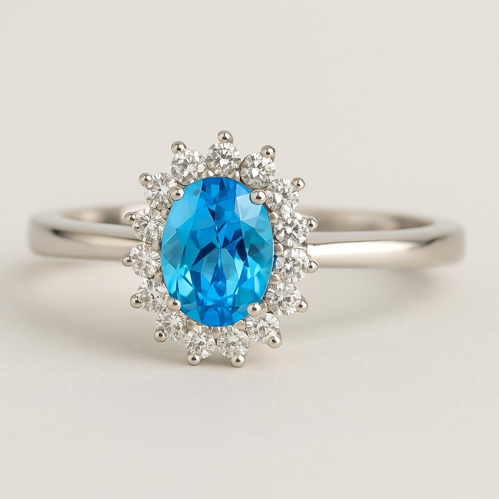 Natural Swiss Blue Topaz Gemstone & Lab Grown Diamonds Silver Ring: Natural Swiss Blue Topaz Gemstone & Lab Grown Diamonds Silver Ring Jewelry Type : Ring Gemstone : Natural Swiss Blue Topaz Gemstone Shape : Oval Gemstone Size : 7x5 MM Gemstone Quantity : 1 Piece</