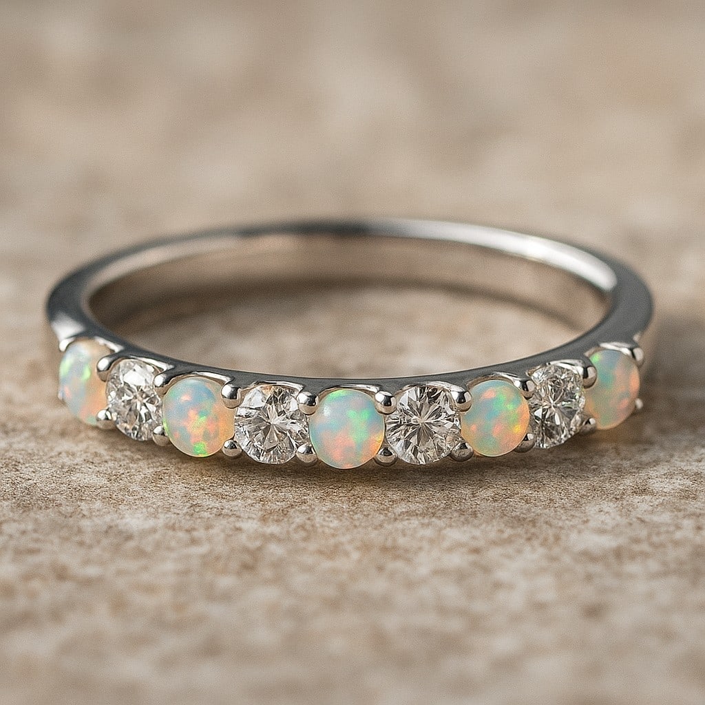 Natural Opal Gemstone & Lab Grown Diamonds Silver Ring: Natural Opal Gemstone & Lab Grown Diamonds Silver Ring Jewelry Type : Ring Gemstone : Natural Opal Gemstone Shape : Round Gemstone Size : 2.5 MM Gemstone Quantity : 5 Pieces Diamond Type : <
