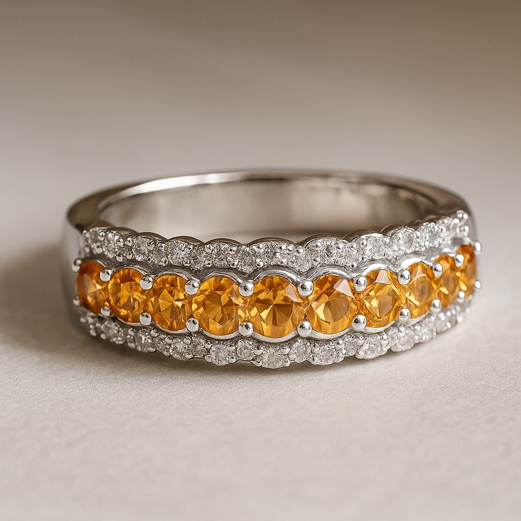 Natural Citrine Gemstone & Lab Grown Diamonds Silver Ring: Natural Citrine Gemstone & Lab Grown Diamonds Silver Ring Jewelry Type : Ring Gemstone : Natural Citrine Gemstone Shape : Round Gemstone Size : 3 MM, 2.8 MM, 2.5 MM, 2.2 MM, 2 MM Gemstone Quantity : <