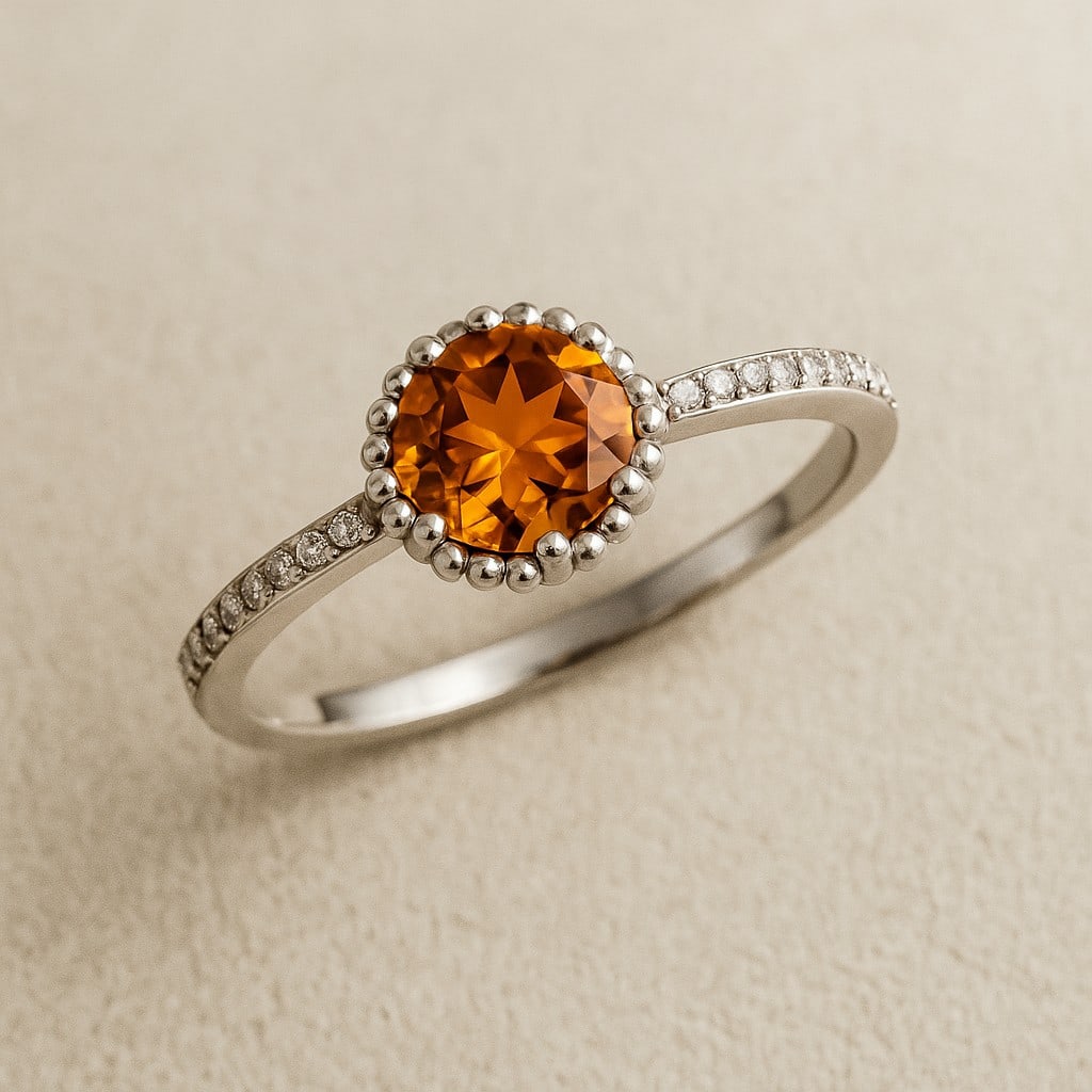 Natural Citrine Gemstone & Lab Grown Diamonds Silver Ring: Natural Citrine Gemstone & Lab Grown Diamonds Silver Ring Jewelry Type : Ring Gemstone : Natural Citrine Gemstone Shape : Round Gemstone Size : 7 MM Gemstone Quantity : 1 Piece Diamond Type