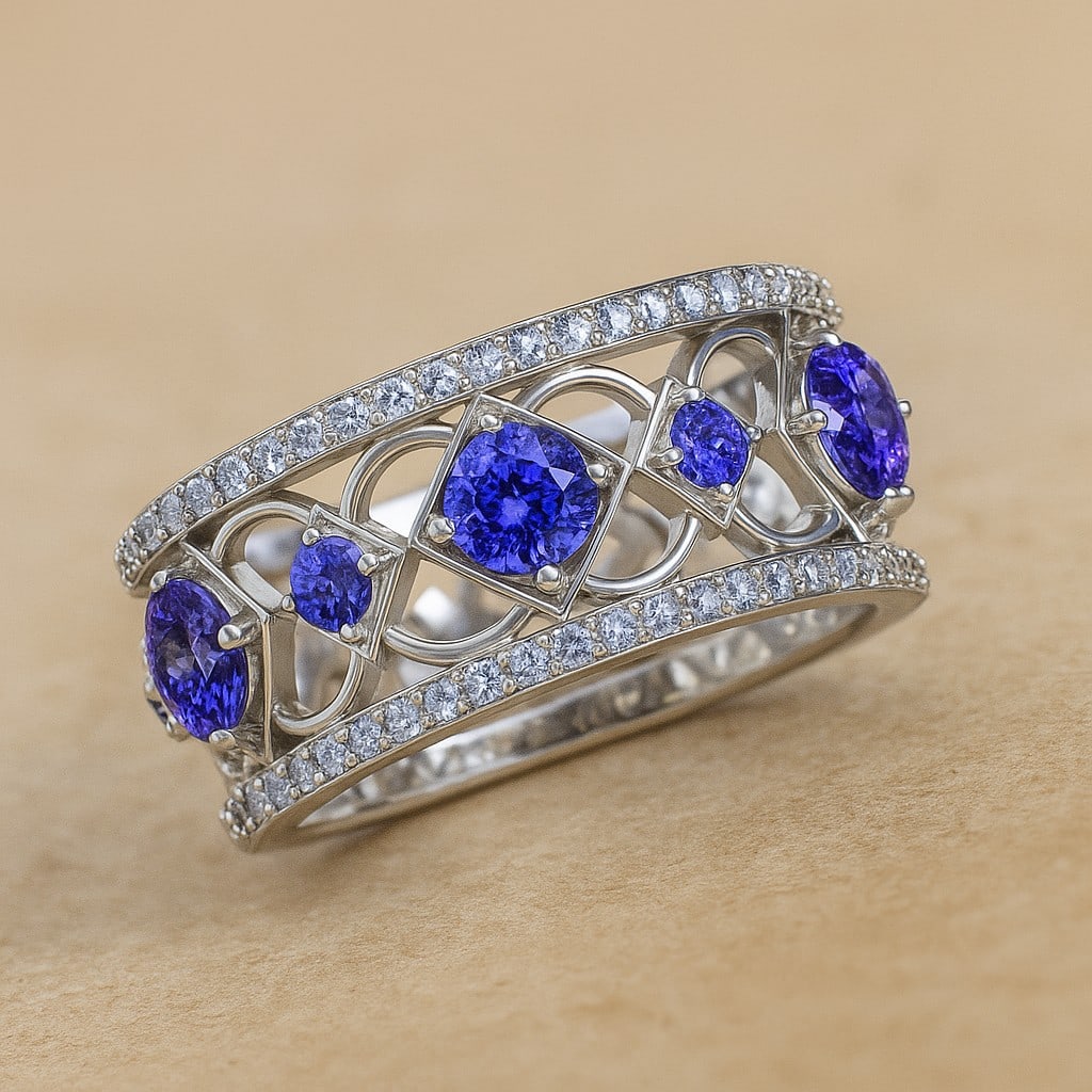 Natural Tanzanite Gemstone & Lab Grown Diamonds Silver Ring: Natural Tanzanite Gemstone & Lab Grown Diamonds Silver Ring Jewelry Type : Ring Gemstone : Natural Tanzanite Gemstone Shape : Round Gemstone Size : 4 MM, 2.5 MM Gemstone Quantity : 3 Pieces, 2 Piec