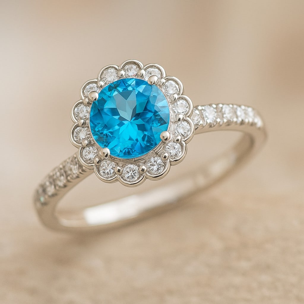 Natural Swiss Blue Topaz Gemstone & Lab Grown Diamonds Silver Ring: Natural Swiss Blue Topaz Gemstone & Lab Grown Diamonds Silver Ring Jewelry Type : Ring Gemstone : Natural Swiss Blue Topaz Gemstone Shape : Round Gemstone Size : 7 MM Gemstone Quantity : 1 Piece