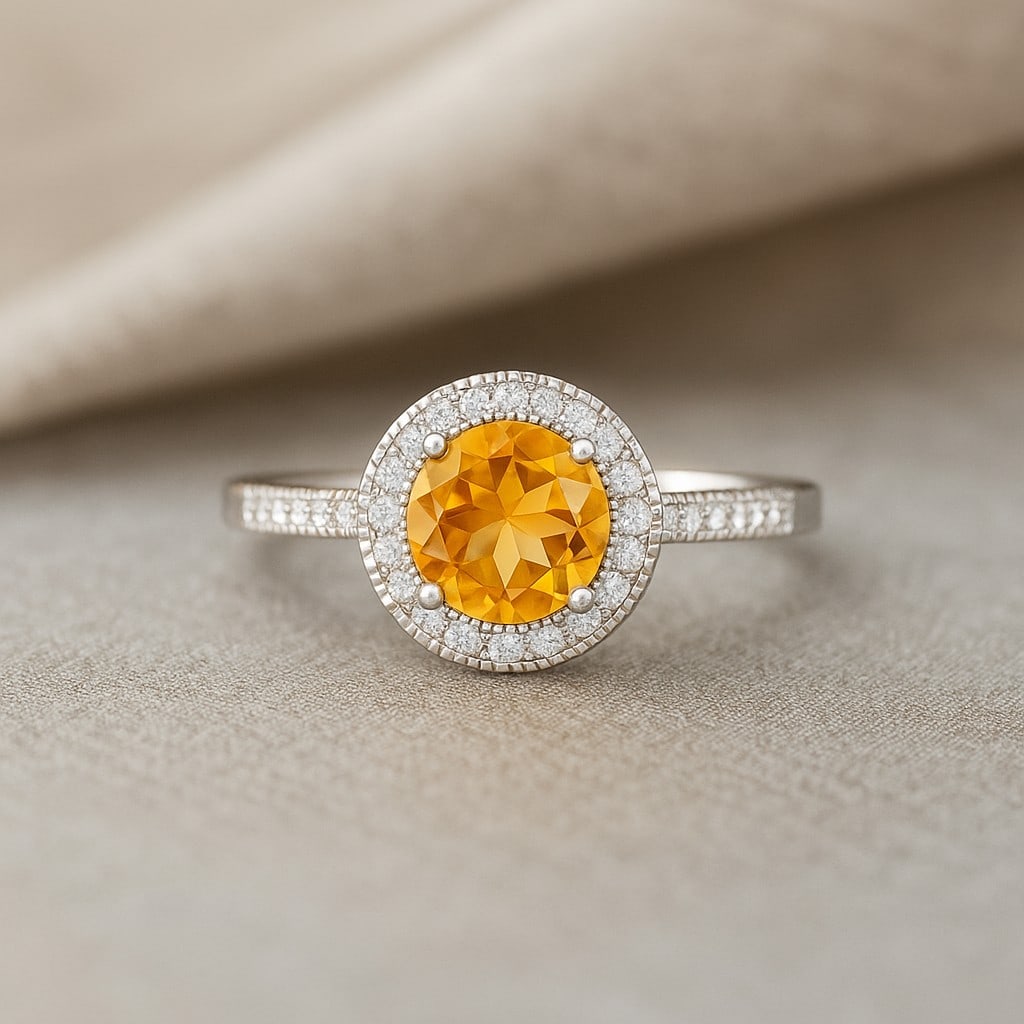 Natural Citrine Gemstone & Lab Grown Diamonds Silver Ring: Natural Citrine Gemstone & Lab Grown Diamonds Silver Ring Jewelry Type : Ring Gemstone : Natural Citrine Gemstone Shape : Round Gemstone Size : 7 MM Gemstone Quantity : 1 Piece Diamond Type : Lab