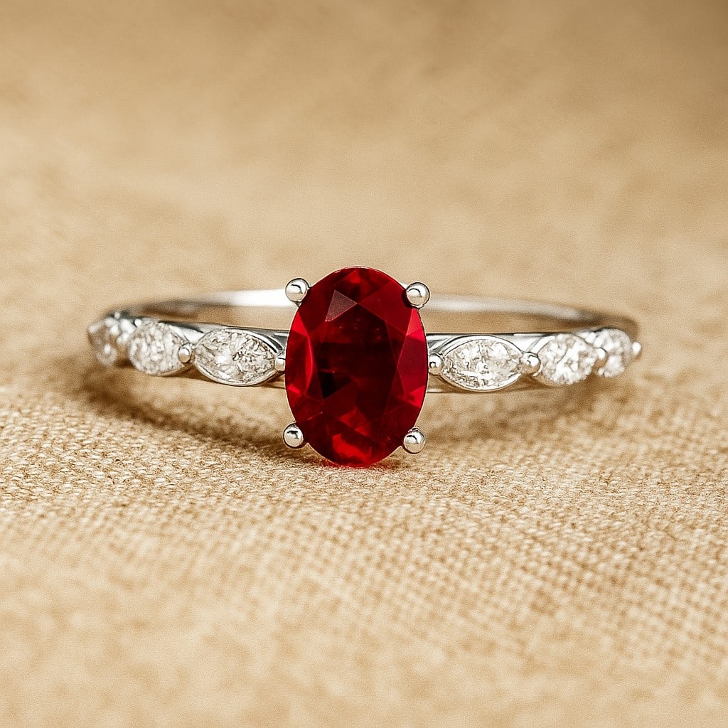 Natural Ruby Gemstone & Lab Grown Diamonds Silver Ring: Natural Ruby Gemstone & Lab Grown Diamonds Silver Ring Jewelry Type : Ring Gemstone : Natural Ruby Gemstone Shape : Oval Gemstone Size : 7x5 MM Gemstone Quantity : 1 Piece Diamond Type :