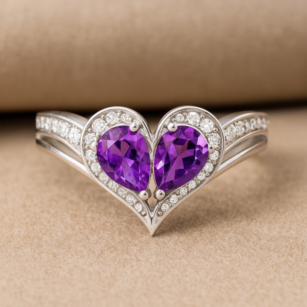Natural Amethyst Gemstone 92.5 Sterling Silver Ring: Natural Amethyst Gemstone 92.5 Sterling Silver Ring Jewelry Type : Ring Gemstone : Natural Amethyst Gemstone Shape : Pear Gemstone Size : 6x4 MM Gemstone Quantity : 2 Pieces Diamond Type : Lab Grown
