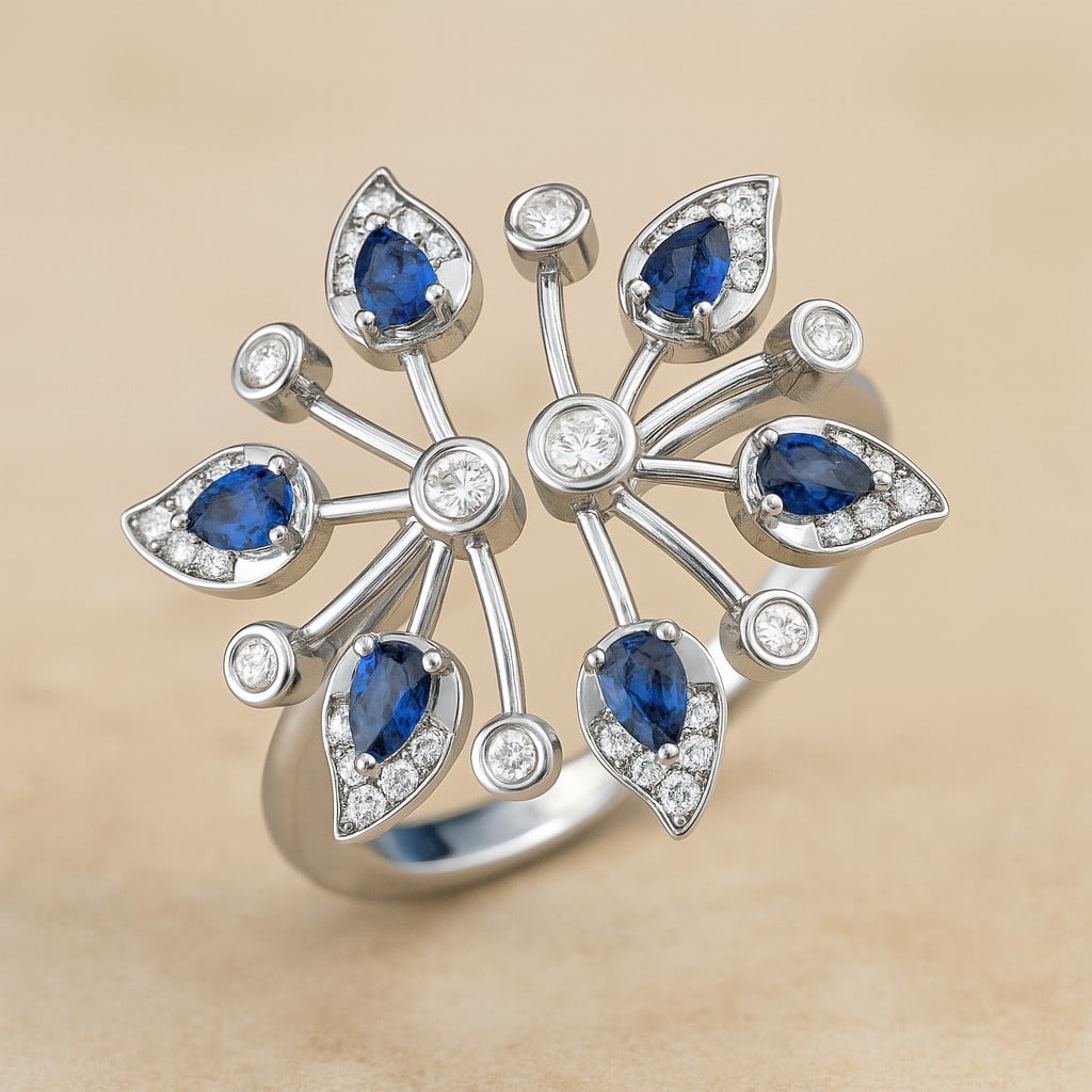 Natural Tanzanite Gemstone & Lab Grown Diamonds Silver Ring: Natural Tanzanite Gemstone & Lab Grown Diamonds Silver Ring Jewelry Type : Ring Gemstone : Natural Tanzanite Gemstone Shape : Pear Gemstone Size : 3x2 MM Gemstone Quantity : 6 Pieces Diamond