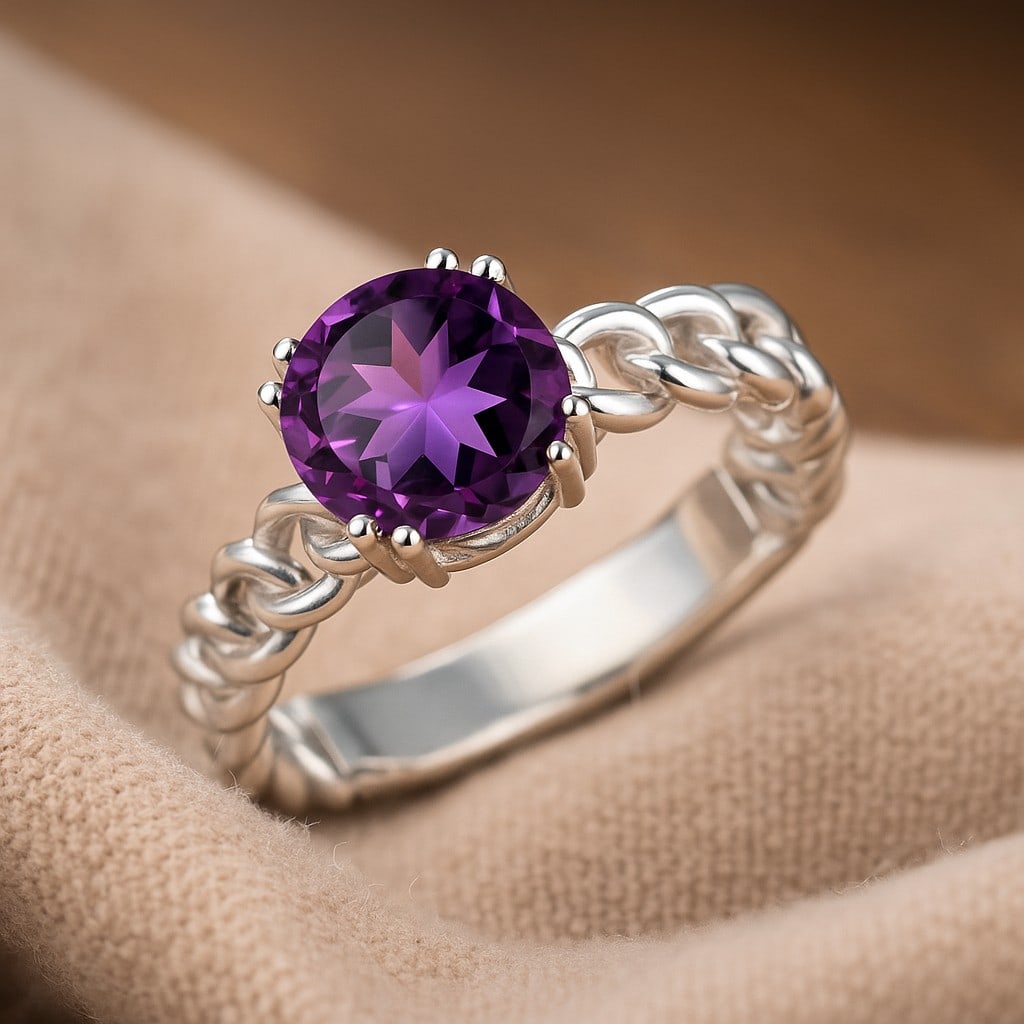 Natural Amethyst Gemstone 92.5 Sterling Silver Ring: Natural Amethyst Gemstone 92.5 Sterling Silver Ring Jewelry Type : Ring Gemstone : Natural Amethyst Gemstone Shape : Round Gemstone Size : 8 MM Gemstone Quantity : 1 Piece Metal : Silver Metal Purity