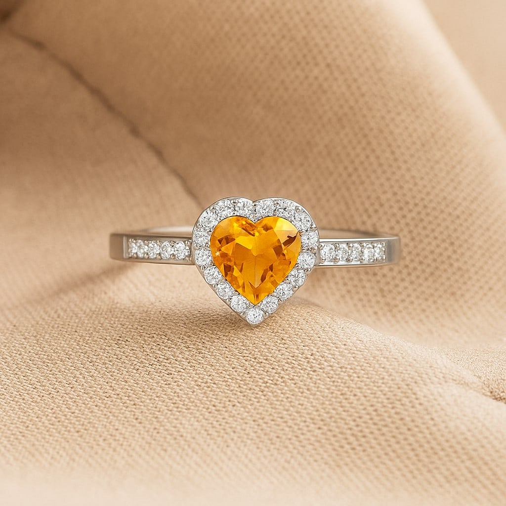 Natural Citrine Gemstone & Lab Grown Diamonds Silver Ring: Natural Citrine Gemstone & Lab Grown Diamonds Silver Ring Jewelry Type : Ring Gemstone : Natural Citrine Gemstone Shape : Heart Gemstone Size : 6 MM Gemstone Quantity : 1 Piece Diamond Type