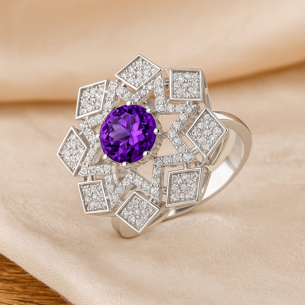 Natural Amethyst Gemstone & Lab Grown Diamonds Silver Ring: Natural Amethyst Gemstone & Lab Grown Diamonds Silver Ring Jewelry Type : Ring Gemstone : Natural Amethyst Gemstone Shape : Round Gemstone Size : 7 MM Gemstone Quantity : 1 Piece Diamond Typ