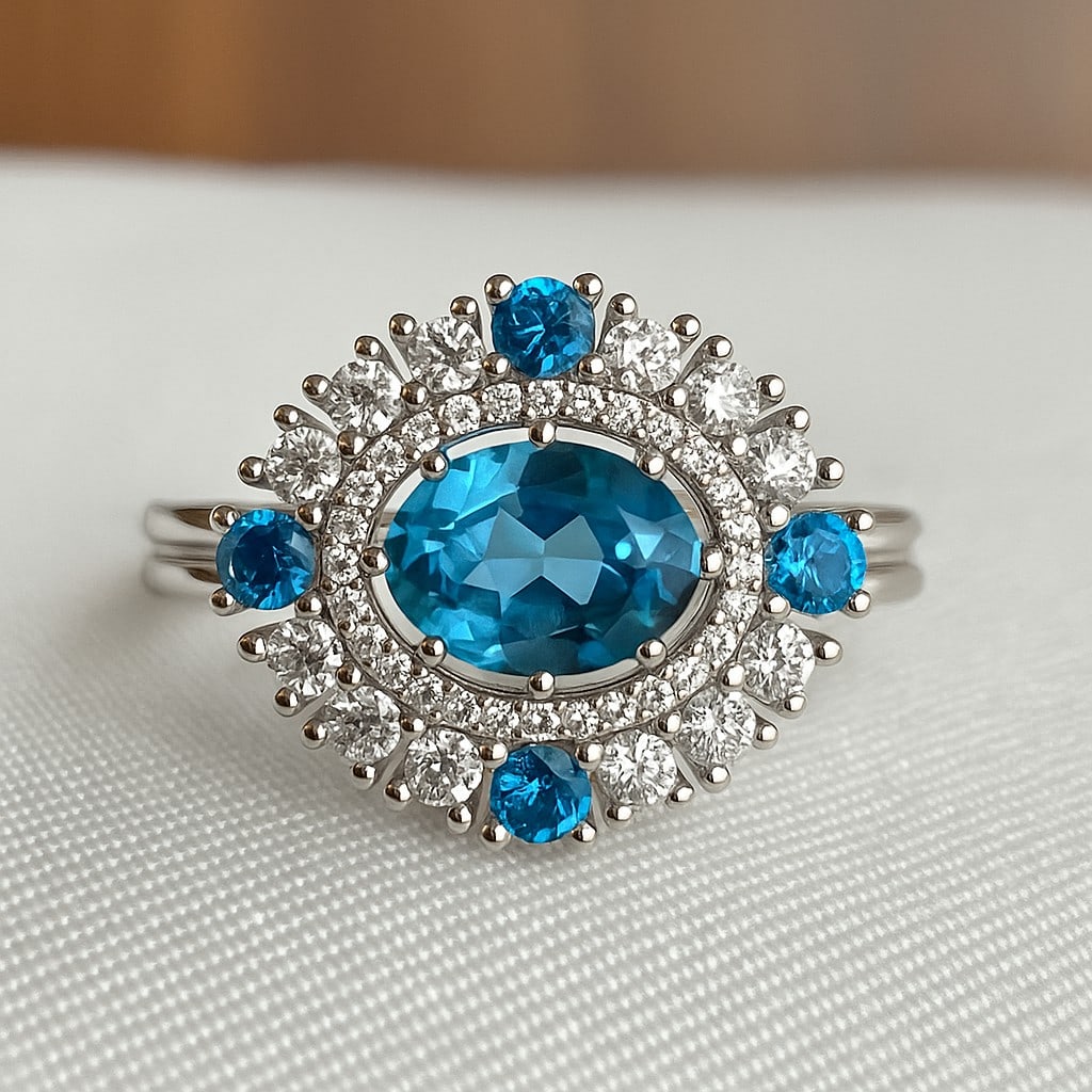 Natural Swiss Blue Topaz Gemstone & Lab Grown Diamonds Silver Ring: Natural Swiss Blue Topaz Gemstone & Lab Grown Diamonds Silver Ring Jewelry Type : Ring Gemstone : Natural Swiss Blue Topaz Gemstone Shape : Oval, Round Gemstone Size : 8x6 MM, 2.5 MM Gemstone Quantity