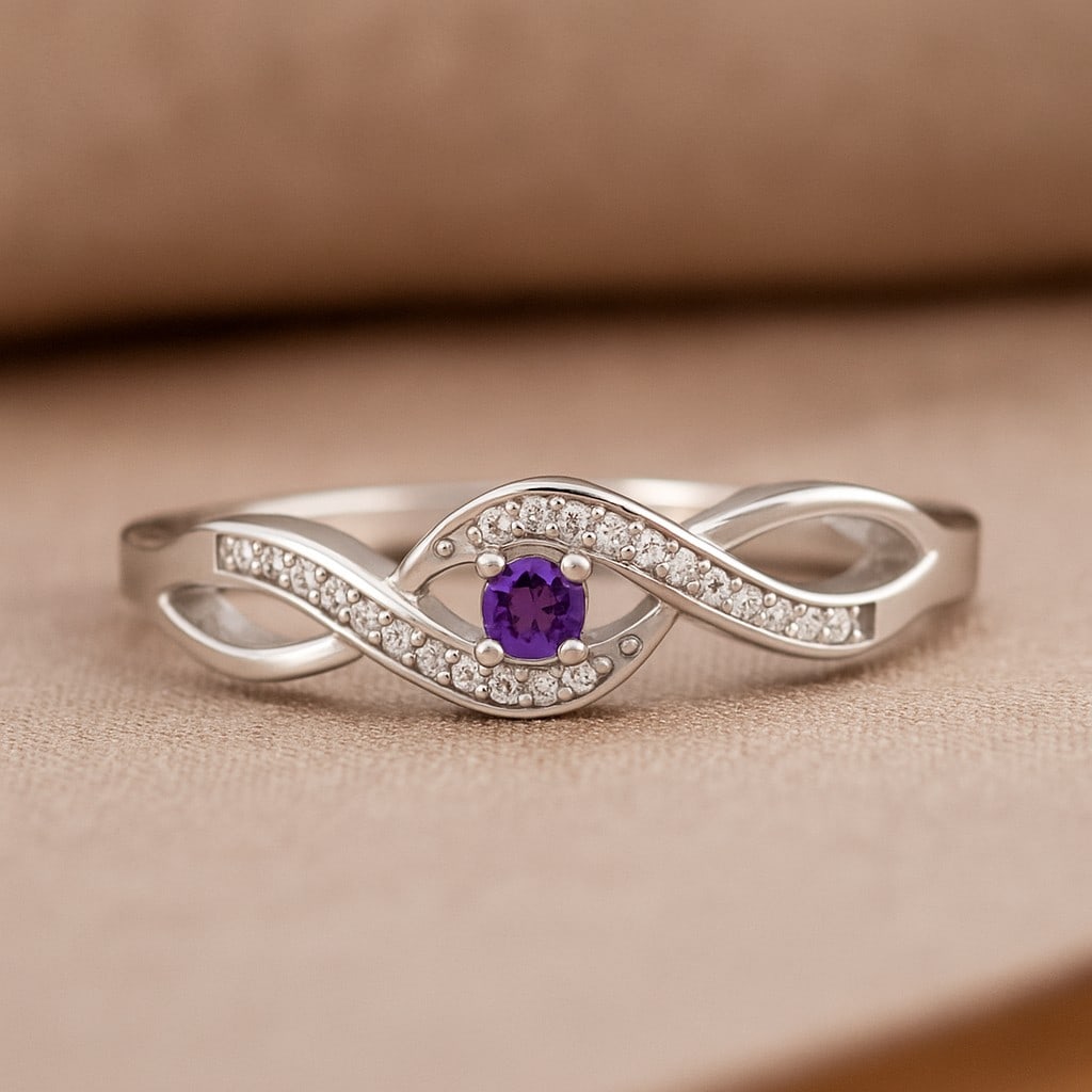 Natural Amethyst Gemstone & Lab Grown Diamonds Silver Ring: Natural Amethyst Gemstone & Lab Grown Diamonds Silver Ring Jewelry Type : Ring Gemstone : Natural Amethyst Gemstone Shape : Round Gemstone Size : 2.2 MM Gemstone Quantity : 1 Piece Diamond T